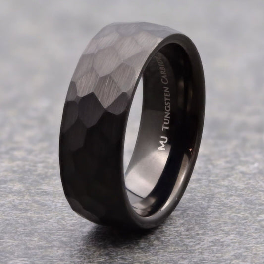 Tungsten Carbide 8mm Hammered Black Obsidian or Gold Plated Style Wedding Ring