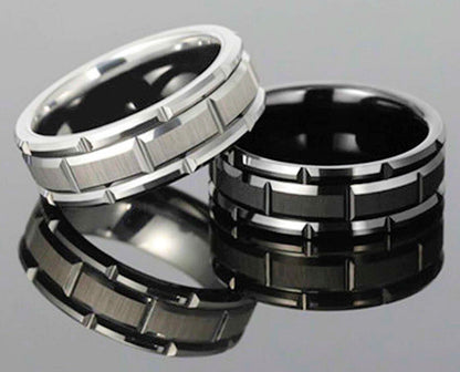 Tungsten Carbide 8mm Band Brushed Hammered Brick Pattern Notched Edges Ring