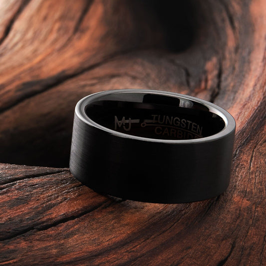 Brushed Black Plated 9mm Tungsten Carbide Pipe Cut Wedding Band Ring