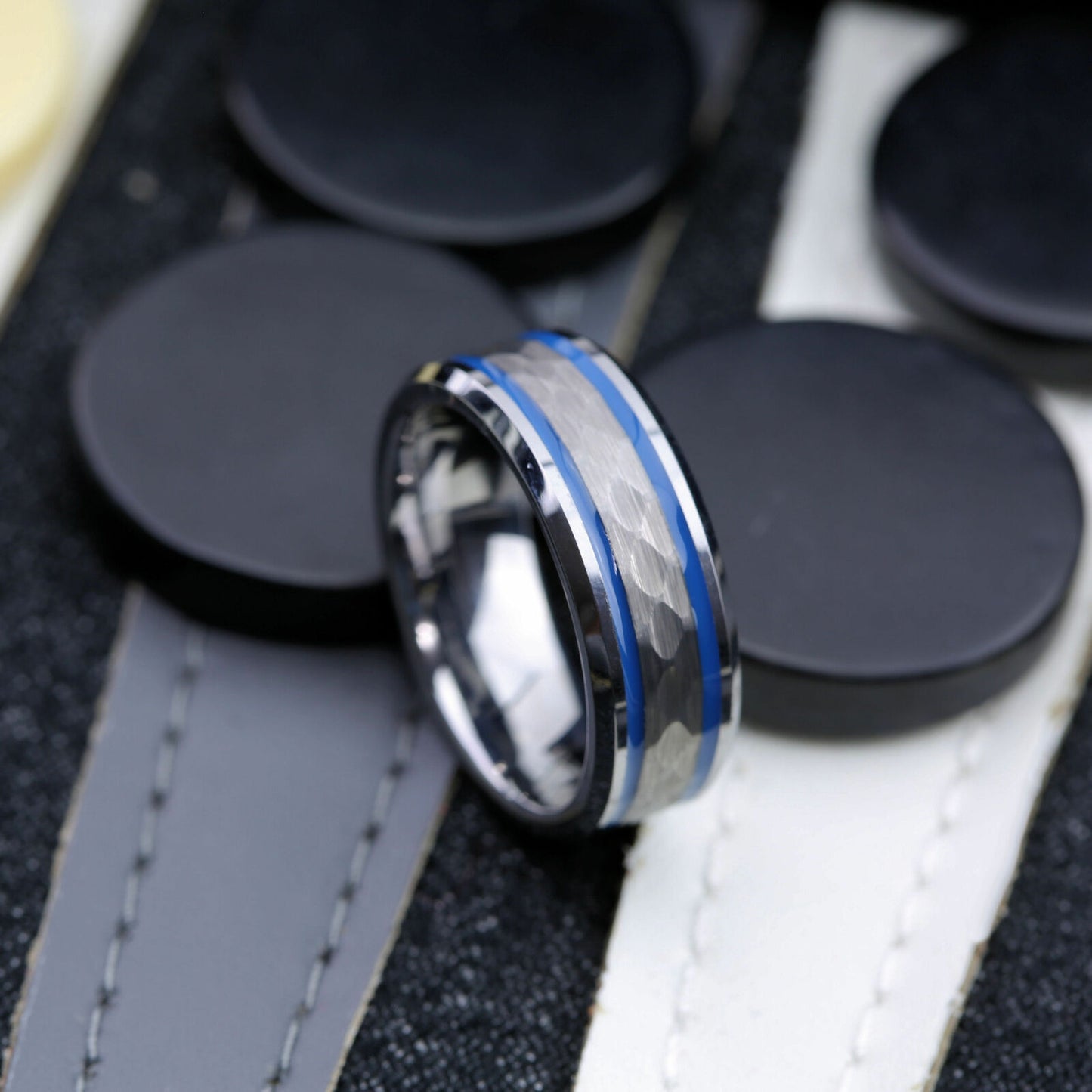 White Tungsten Carbide 8mm Hammered Center Blue Resin Striped Ring