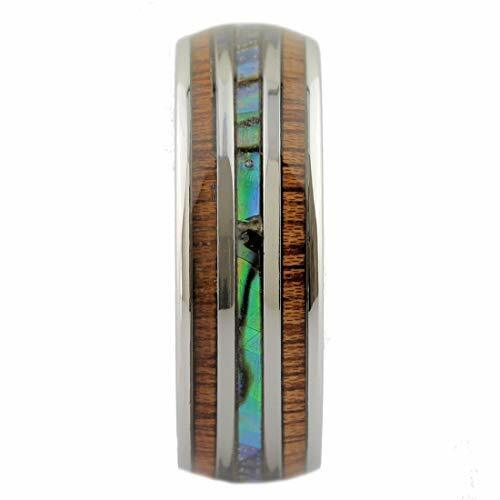 Custom Engraved Stainless Steel Abalone Inlay with Koa Wood or Faux Opal Ring