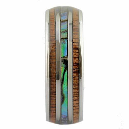 Custom Engraved Stainless Steel Abalone Inlay with Koa Wood or Faux Opal Ring
