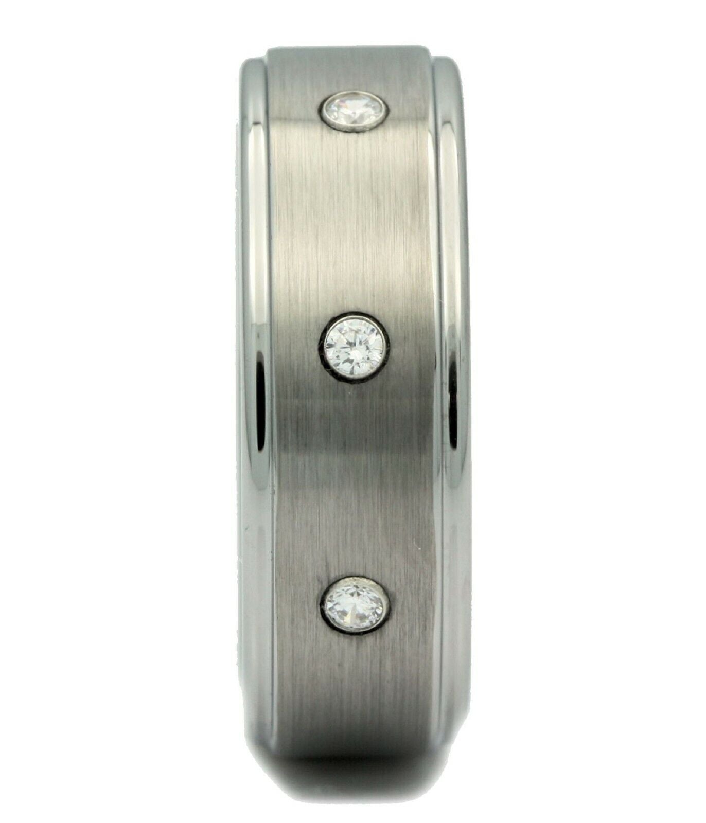 8mm Tungsten Carbide Wedding Ring 3 CZ Brushed Center Polished Edges