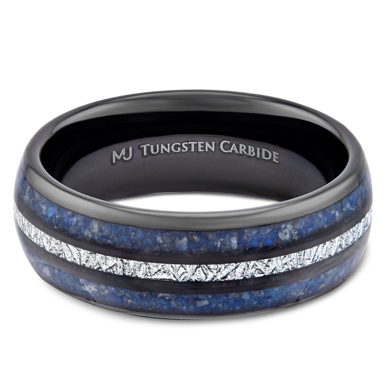 Tungsten Carbide 8mm Polished Finish with Lapis Lazuli and Faux Meteorite Inlay