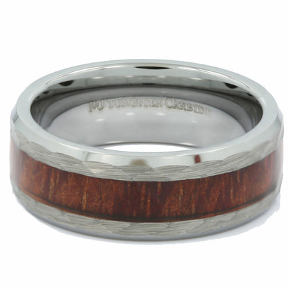 8mm Tungsten Carbide Koa Wood Inlay Hammered Inner Edge Wedding Ring