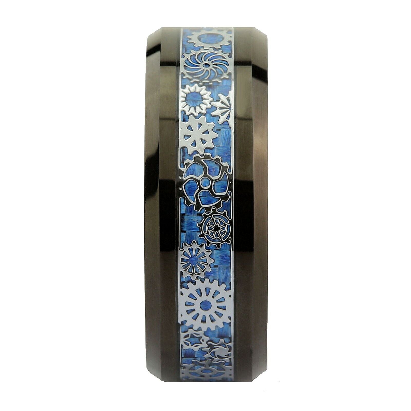 Steampunk Gear Inlay 8mm Polished or Black Plated Tungsten Carbide Wedding Ring