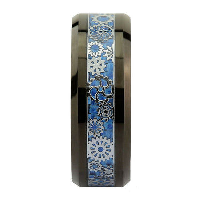 Steampunk Gear Inlay 8mm Polished or Black Plated Tungsten Carbide Wedding Ring
