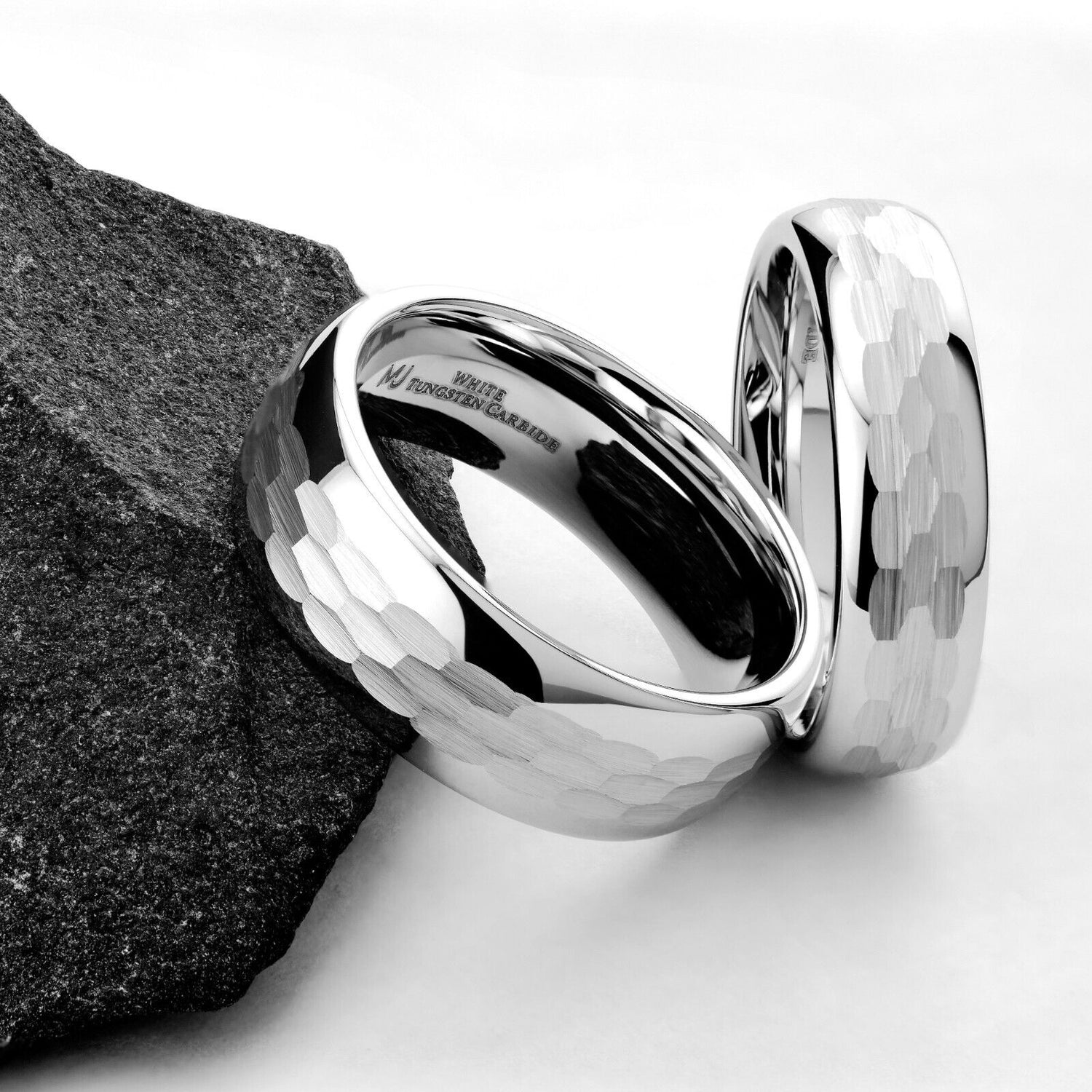 White Tungsten Carbide Hammered Center 6mm or 8mm Wedding Band Ring