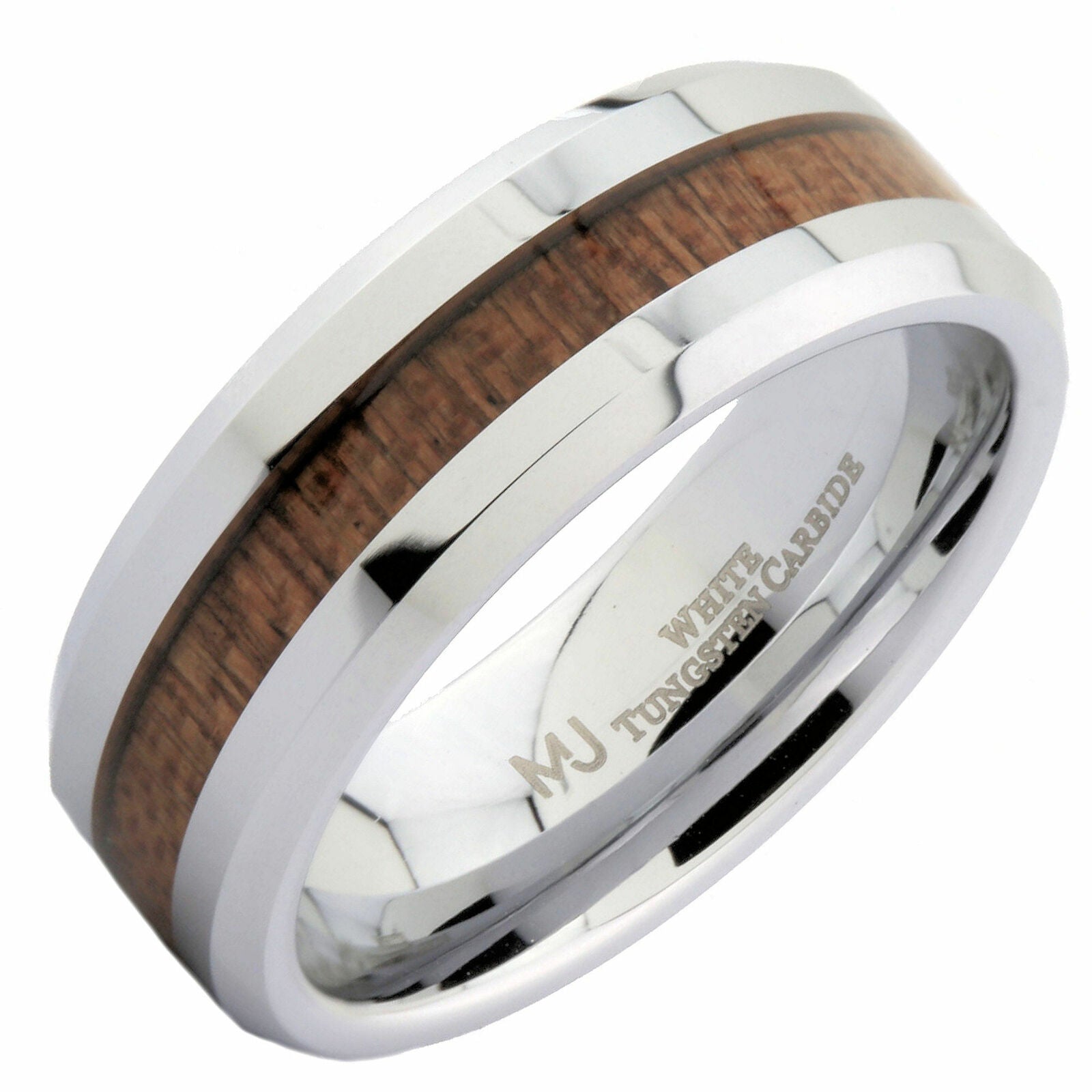 White or Black Tungsten Carbide 8mm Wedding Band with Real Koa Wood Inlay Ring