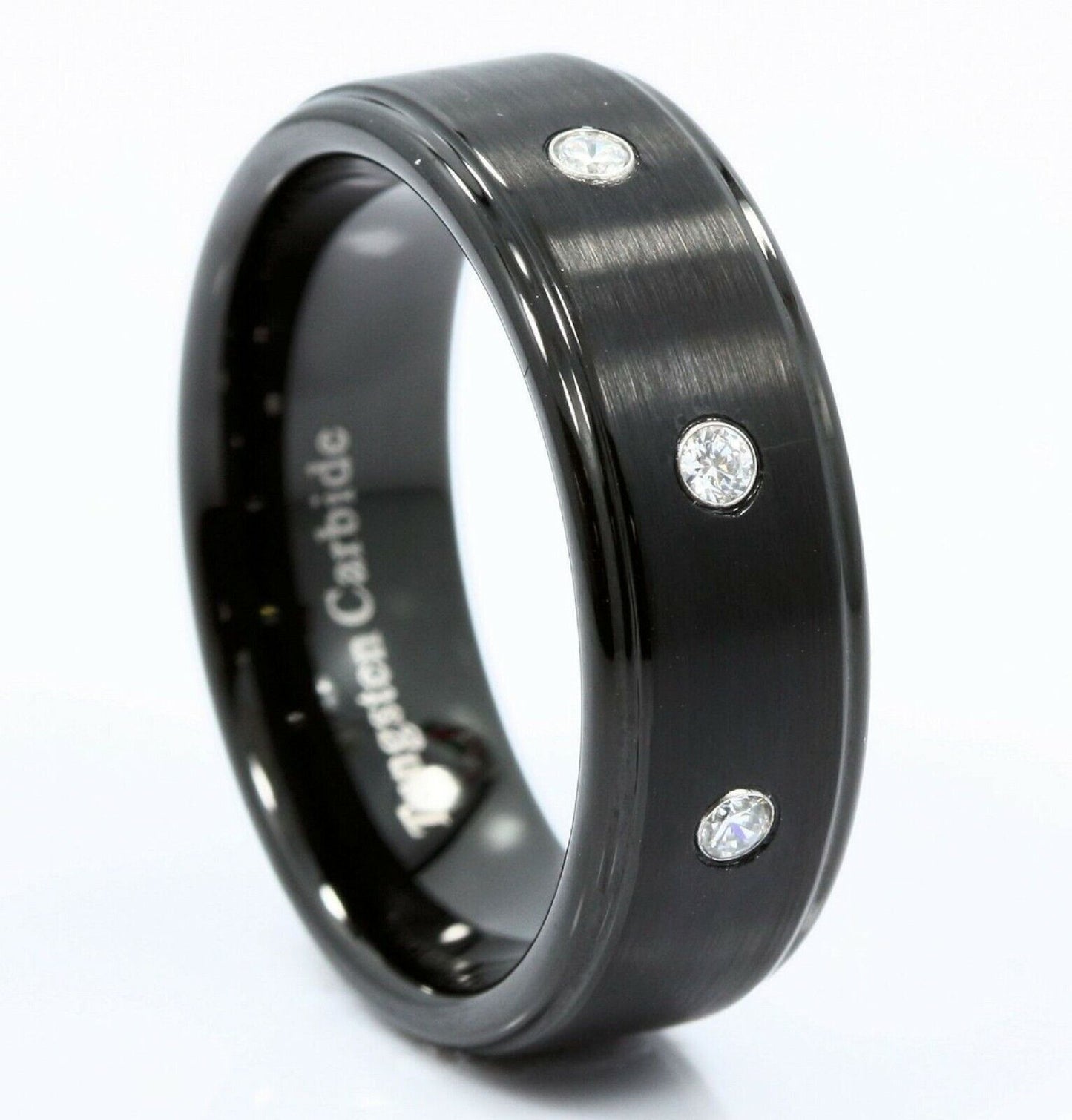 8mm Tungsten Carbide Wedding Ring 3 CZ Brushed Center Polished Edges