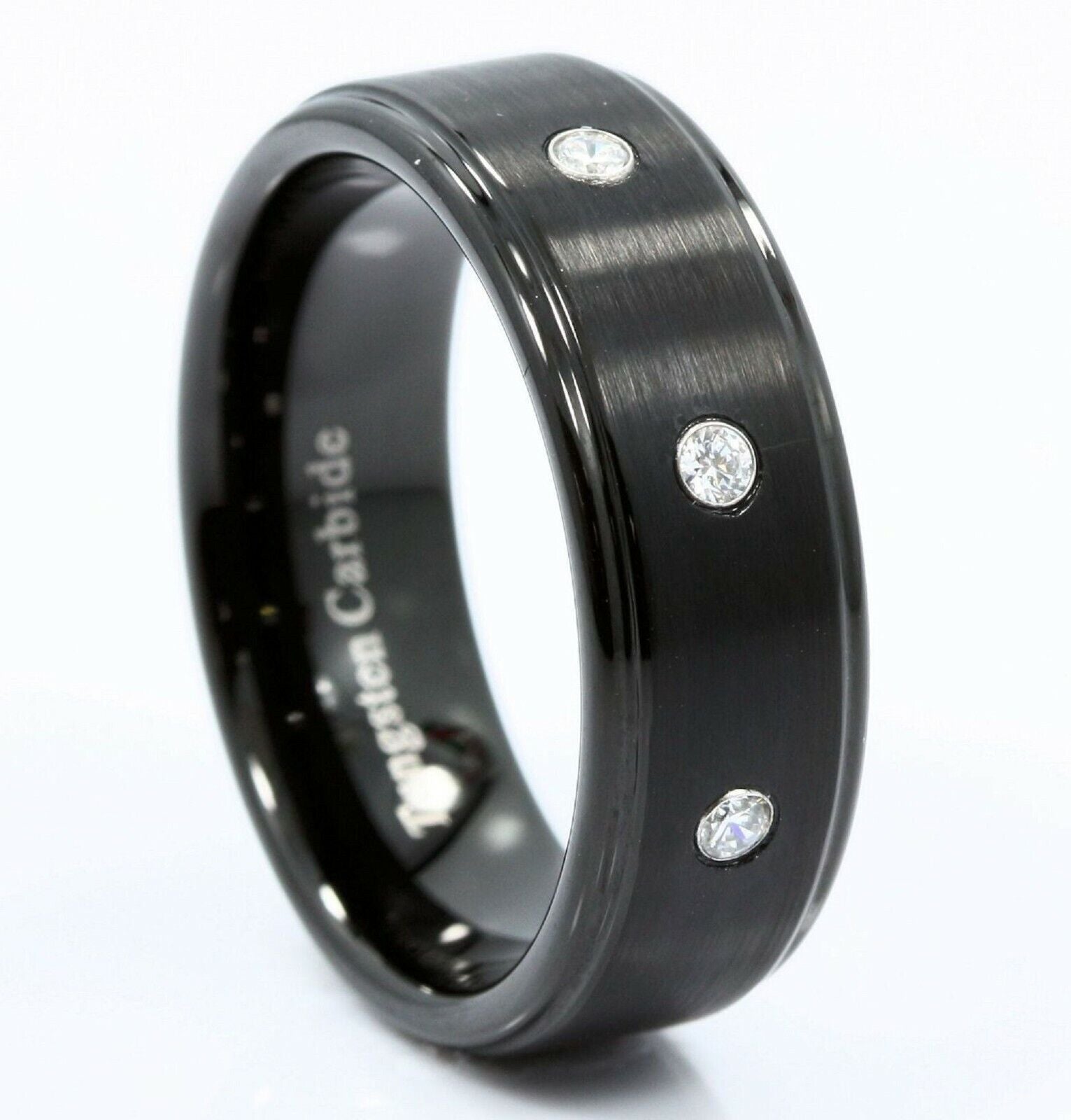 8mm Tungsten Carbide Wedding Ring 3 CZ Brushed Center Polished Edges