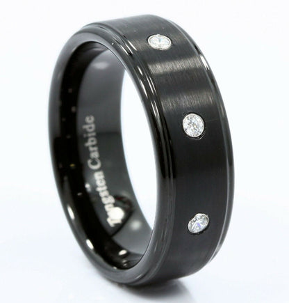 8mm Tungsten Carbide Wedding Ring 3 CZ Brushed Center Polished Edges