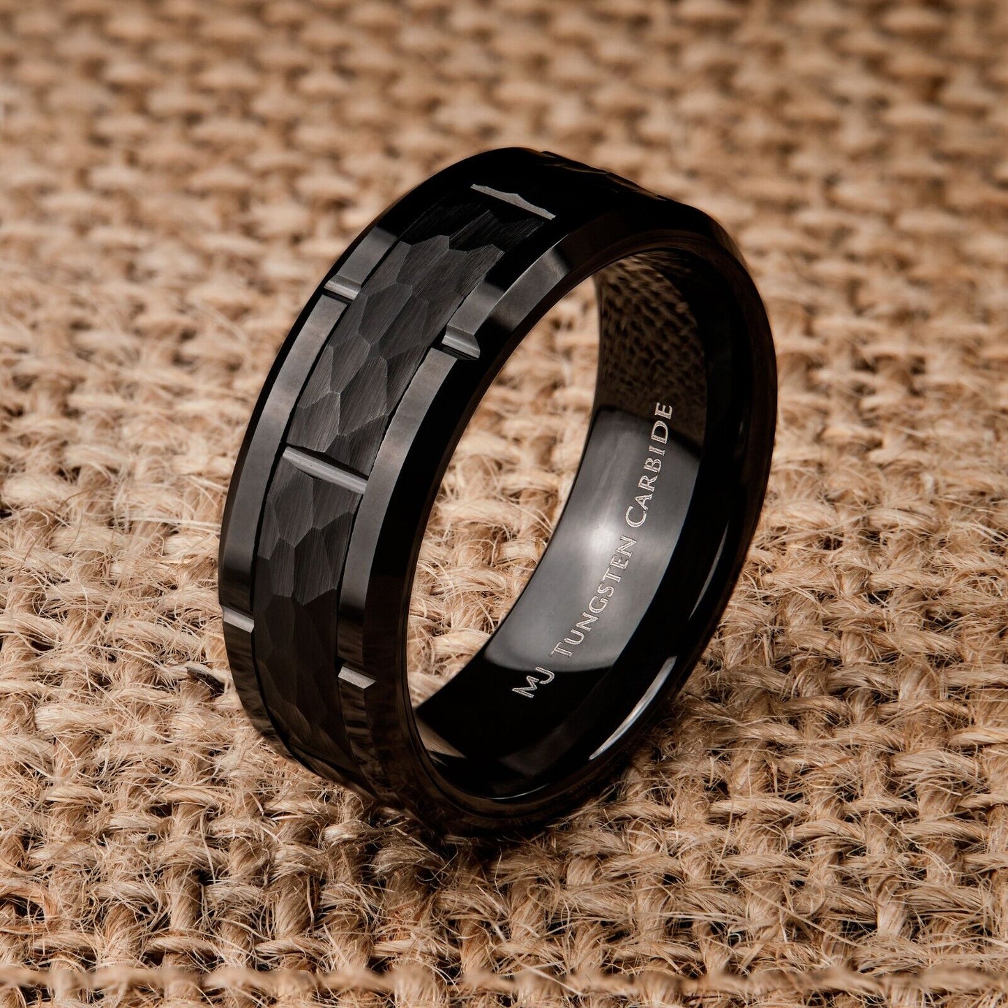 Tungsten Carbide 8mm Band Brushed Hammered Brick Pattern Notched Edges Ring