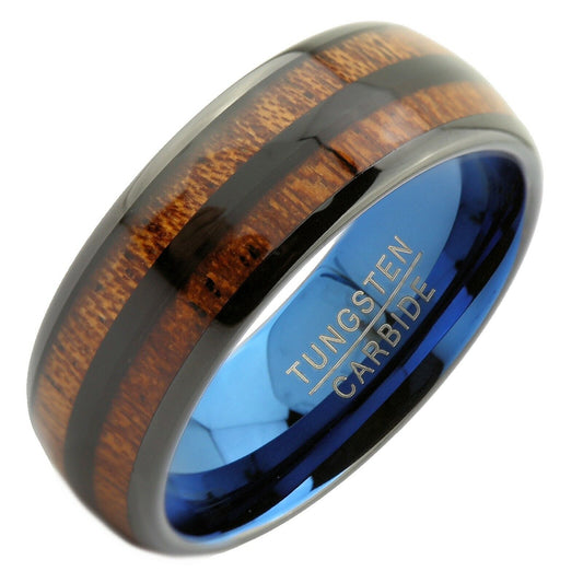 8mm Tungsten Carbide Wedding Band dual Koa Wood Inlay with Blue inside