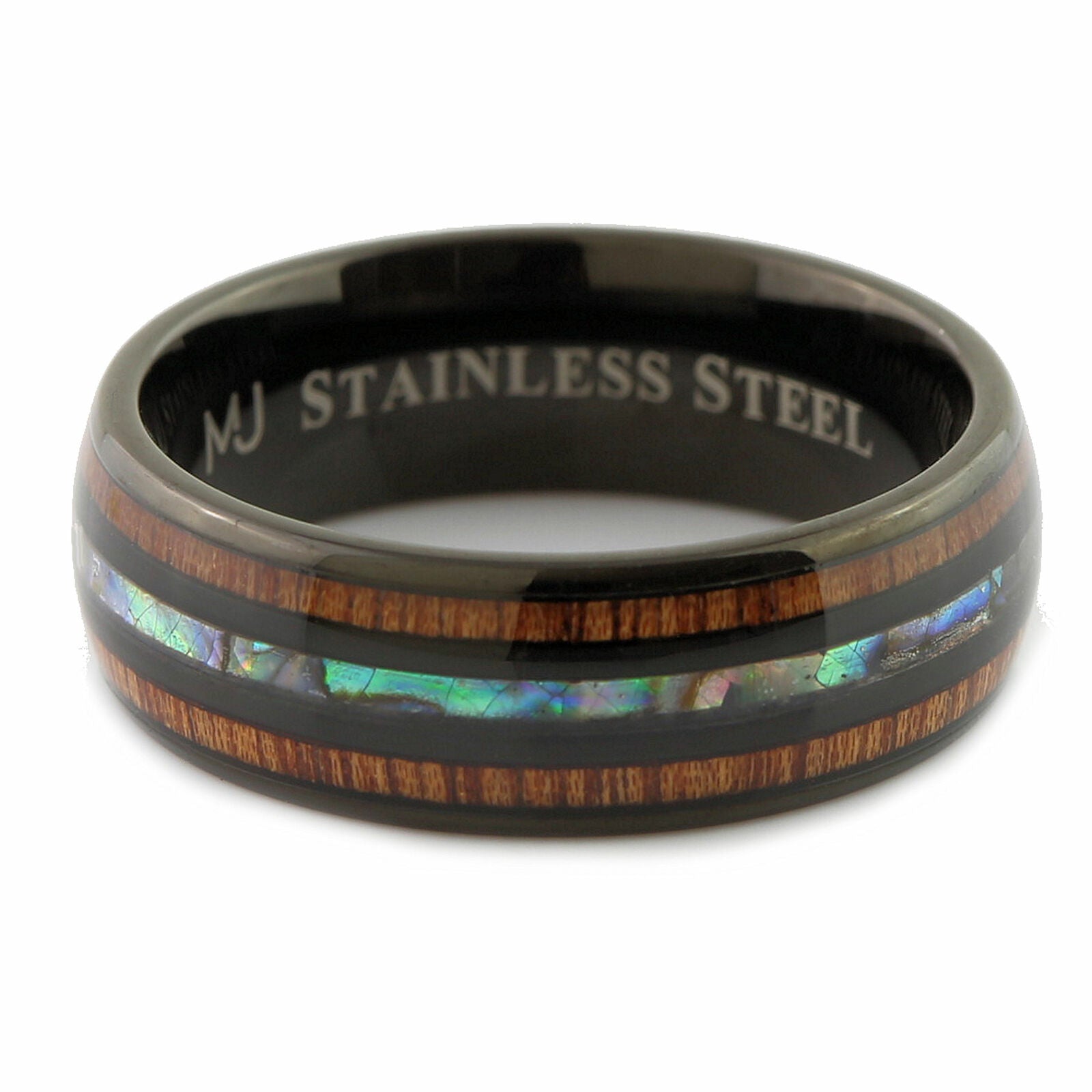 Custom Engraved Stainless Steel Abalone Inlay with Koa Wood or Faux Opal Ring