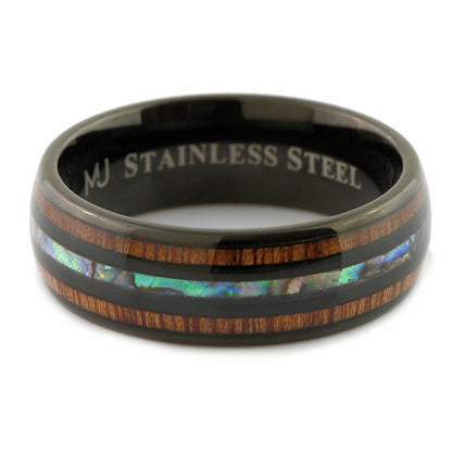 Custom Engraved Stainless Steel Abalone Inlay with Koa Wood or Faux Opal Ring