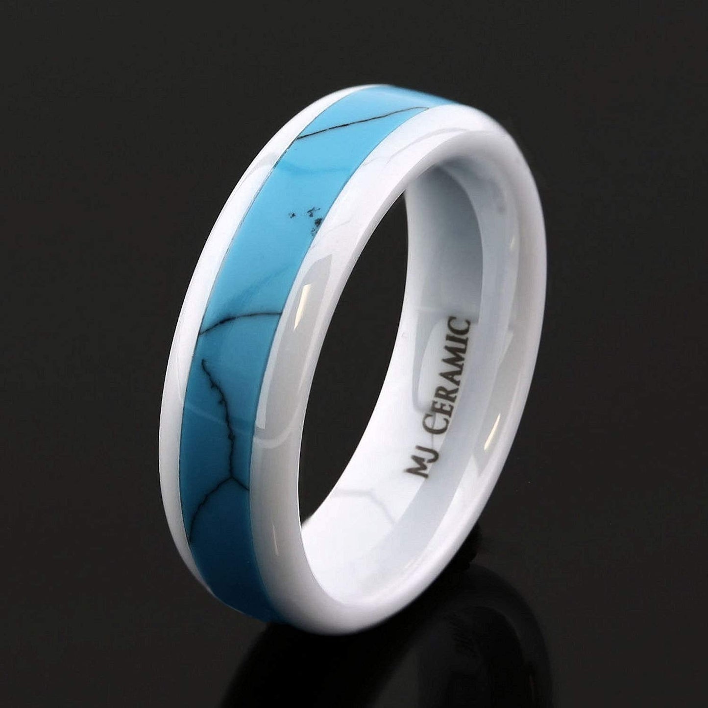 White Ceramic Wedding Band, Inlay Made from Real Turquoise, 6mm Ring Size