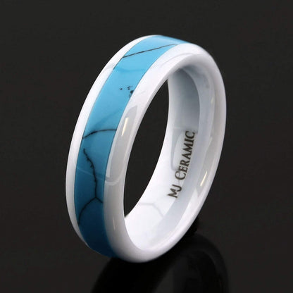 White Ceramic Wedding Band, Inlay Made from Real Turquoise, 6mm Ring Size
