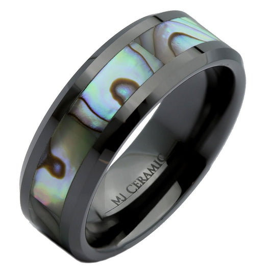 Abalone Shell Inlay Black Ceramic Wedding Band Ring 8mm Comfort Fit