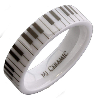 White Ceramic Piano Keyboard Wedding Band High Polished Ring | Comfort Fit Band | Musician Music