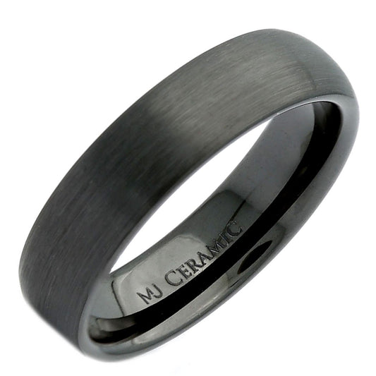Brushed Black Ceramic Wedding Ring Classic Domed Comfort Fit Band 6mm