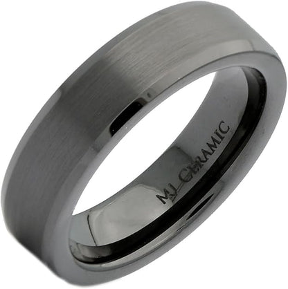 Black Ceramic Ring Brushed Center Recessed Polished Edge Wedding Band 6mm