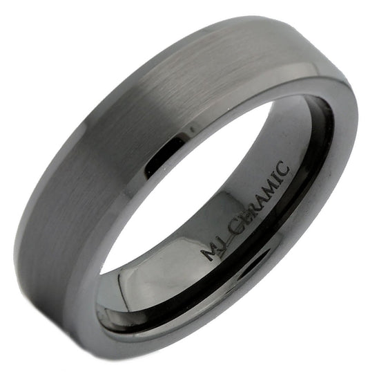 Black Ceramic Ring Brushed Center Recessed Polished Edge Wedding Band 6mm