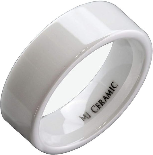 White Ceramic 4, 6, 8 or 10mm Wedding Band Flat Pipe Cut Polished Ring