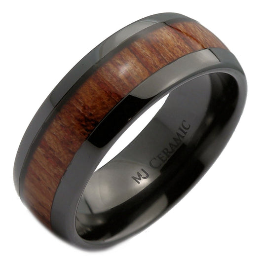 Black Ceramic Wedding Band, Inlay Made from Real Koa Wood, Ring Comfort Fit