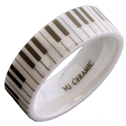 White Ceramic Piano Keyboard Wedding Band High Polished Ring | Comfort Fit Band | Musician Music