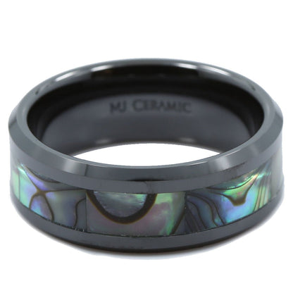 Abalone Shell Inlay Black Ceramic Wedding Band Ring 8mm