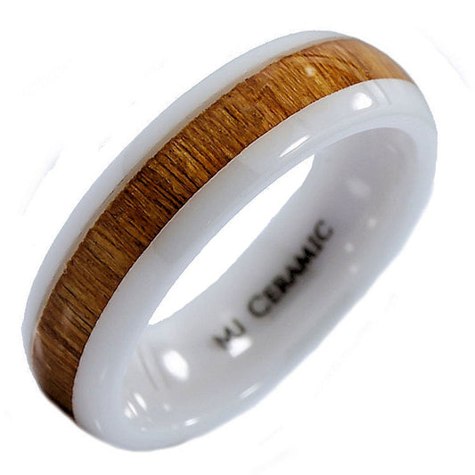 White Ceramic Wedding Band, Inlay Made from Real Koa Wood