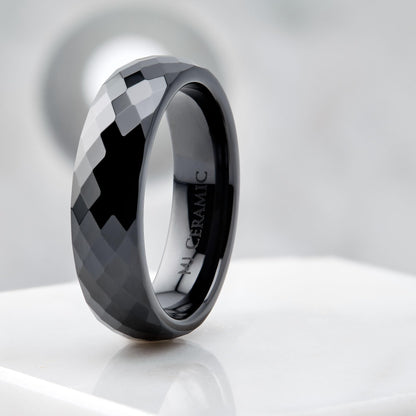 Faceted Ceramic Ring White or Black Wedding Band Comfort Fit