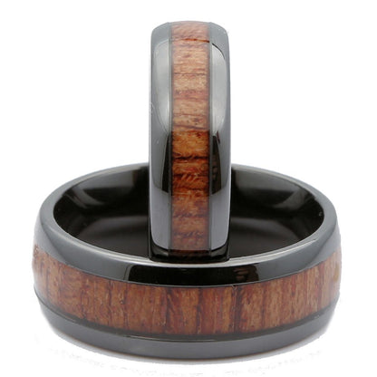 Black Ceramic Wedding Band, Inlay Made from Real Koa Wood, Ring Comfort Fit