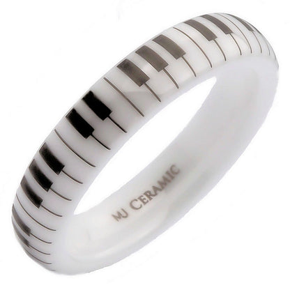 White Ceramic Piano Keyboard Wedding Band High Polished Ring | Comfort Fit Band | Musician Music