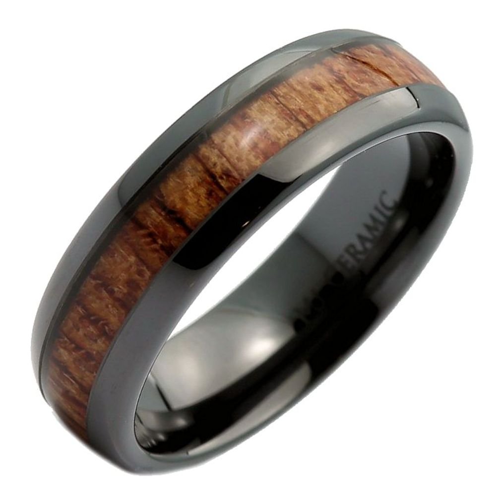 Black Ceramic Wedding Band, Inlay Made from Real Koa Wood, Ring Comfort Fit