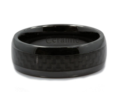 Black Ceramic Carbon Fiber Inlay Wedding Band Comfort Fit Ring | Men Women Band  | 8mm