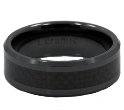 Black Ceramic Carbon Fiber Inlay Wedding Band Comfort Fit Ring | Men Women Band  | 8mm