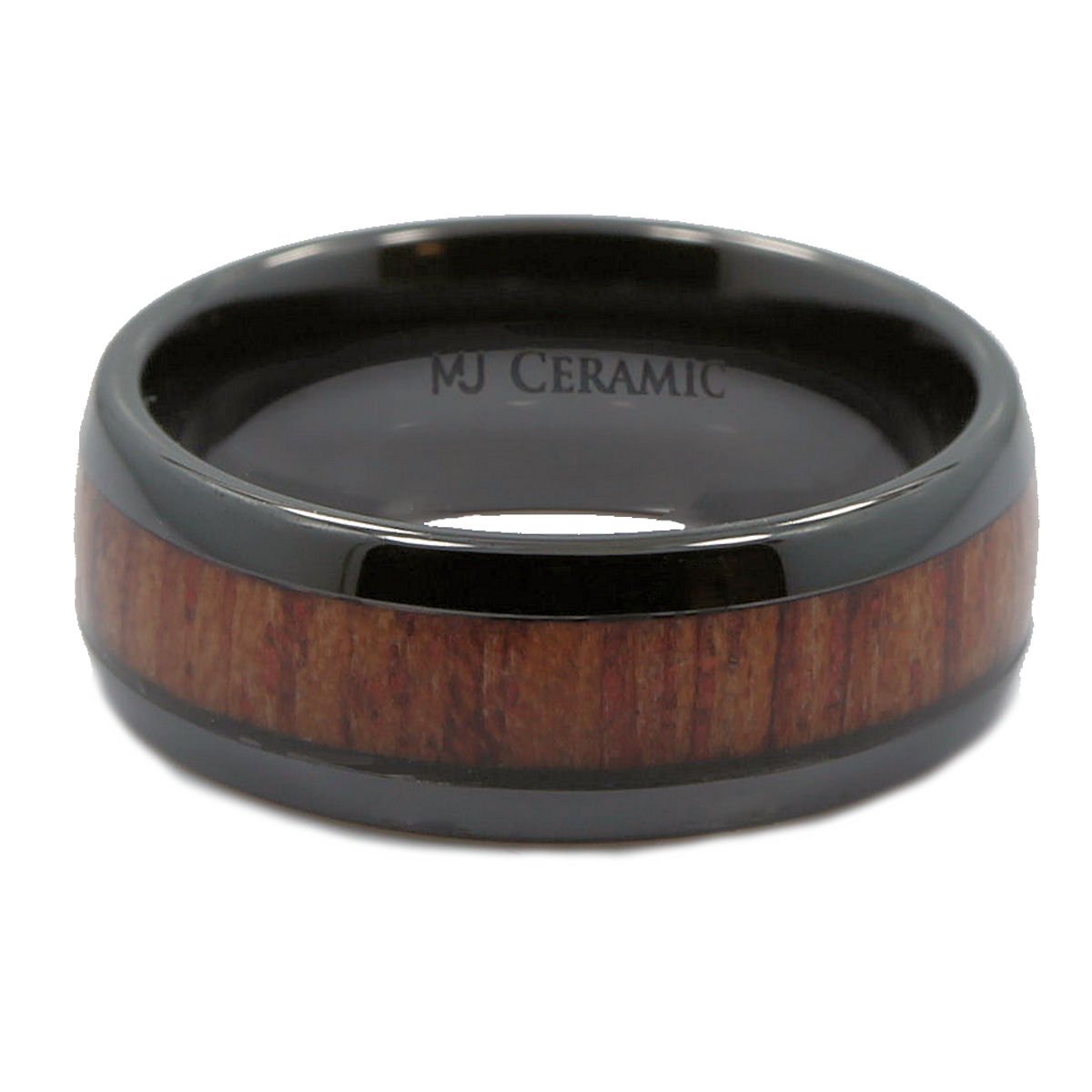 Black Ceramic Wedding Band, Inlay Made from Real Koa Wood, Ring Comfort Fit
