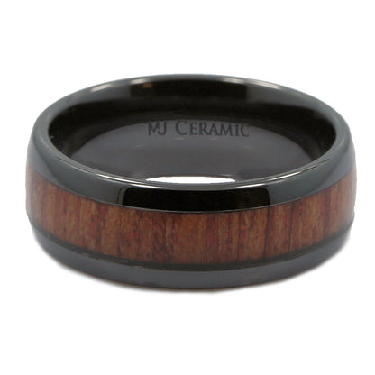 Black Ceramic Wedding Band, Inlay Made from Real Koa Wood, Ring Comfort Fit