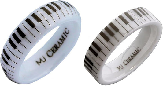 White Ceramic Piano Keyboard Wedding Band High Polished Ring | Comfort Fit Band | Musician Music