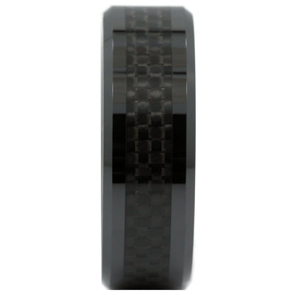 Black Ceramic Carbon Fiber Inlay Wedding Band Comfort Fit Ring | Men Women Band  | 8mm