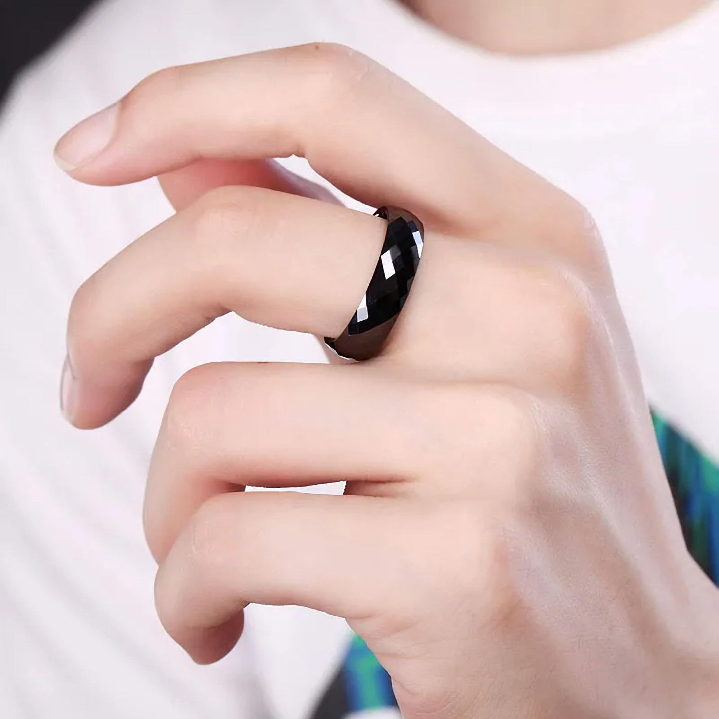 Faceted Ceramic Ring White or Black Wedding Band Comfort Fit
