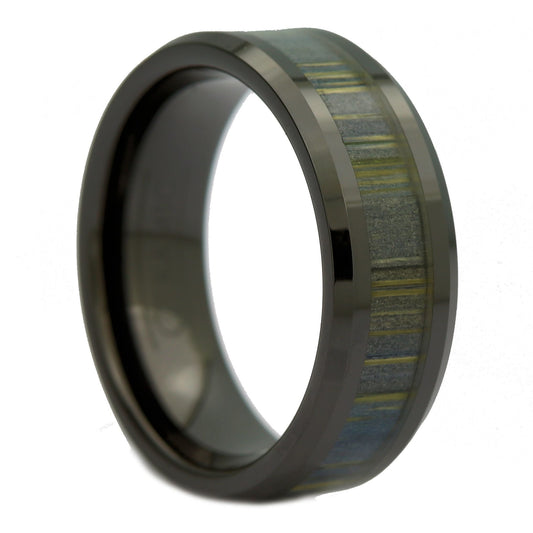 Black Ceramic Ring, Inlay Made from Zebra Wood. Wedding Band Ring 8mm