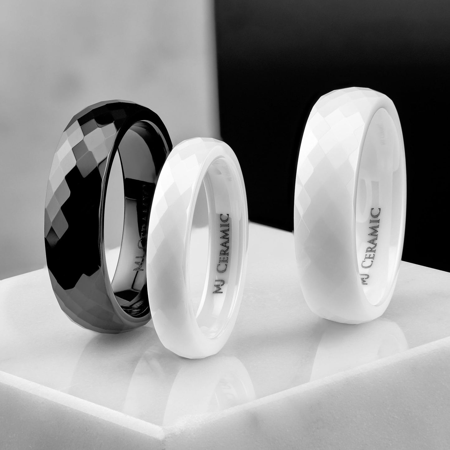 Faceted Ceramic Ring White or Black Wedding Band Comfort Fit