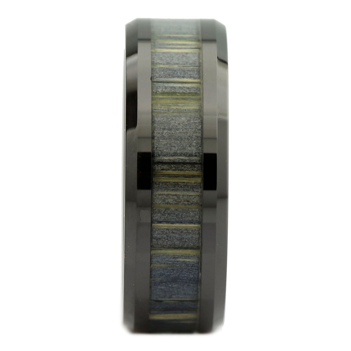 Black Ceramic Ring, Inlay Made from Zebra Wood. Wedding Band Ring 8mm