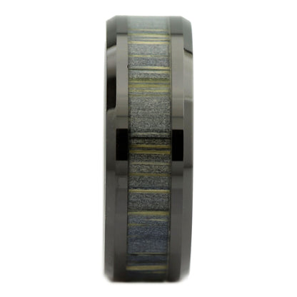 Black Ceramic Ring, Inlay Made from Zebra Wood. Wedding Band Ring 8mm