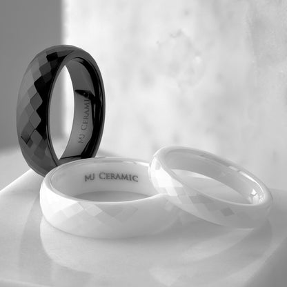 Faceted Ceramic Ring White or Black Wedding Band Comfort Fit