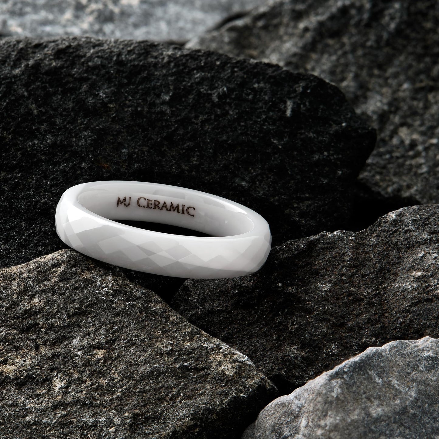 Faceted Ceramic Ring White or Black Wedding Band Comfort Fit