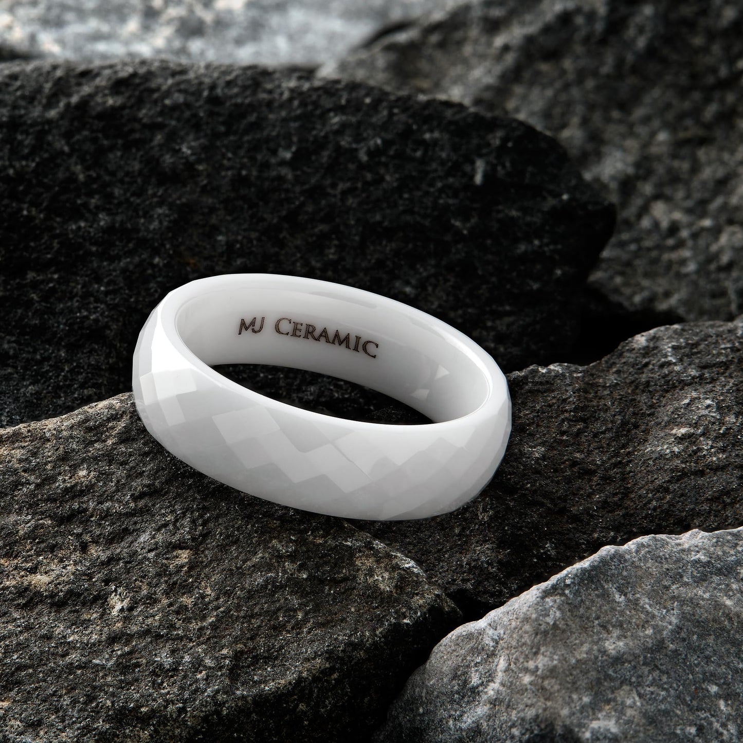 Faceted Ceramic Ring White or Black Wedding Band Comfort Fit
